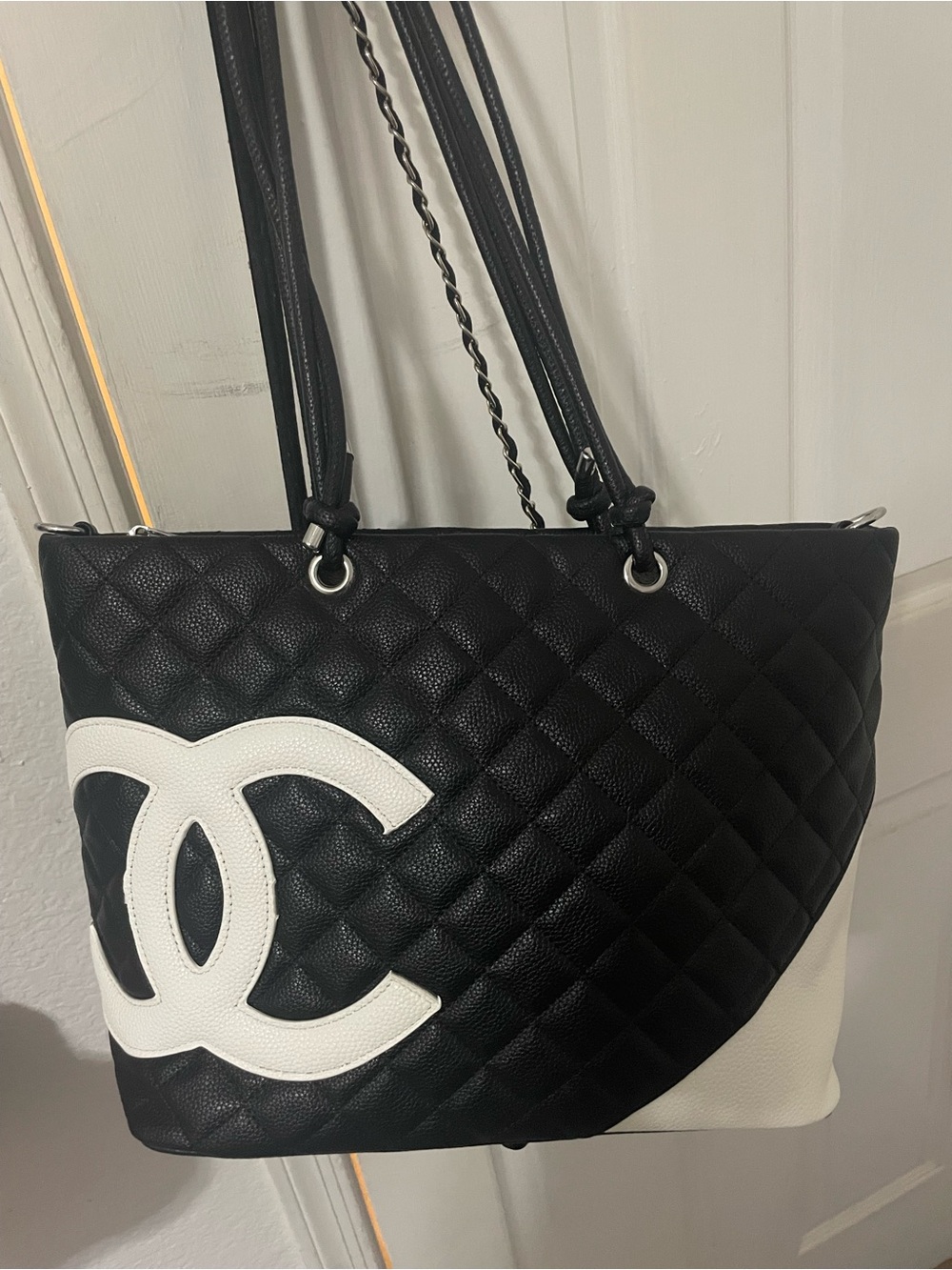 Black and White Quilted Tote Bag with Contrast Logo Detail